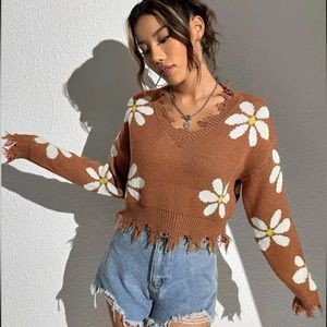 SHEIN | Floral Pattern Drop Shoulder Distressed Sweater